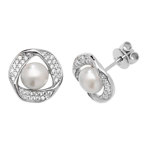 Sterling Silver Rhodium Plated Freshwater Pearl & Cubic Zirconia Stud Earrings