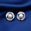 Sterling Silver Rhodium Plated Freshwater Pearl & Cubic Zirconia Stud Earrings