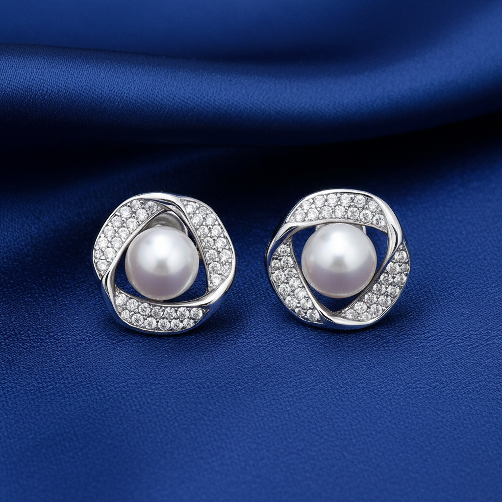 Sterling Silver Rhodium Plated Freshwater Pearl & Cubic Zirconia Stud Earrings