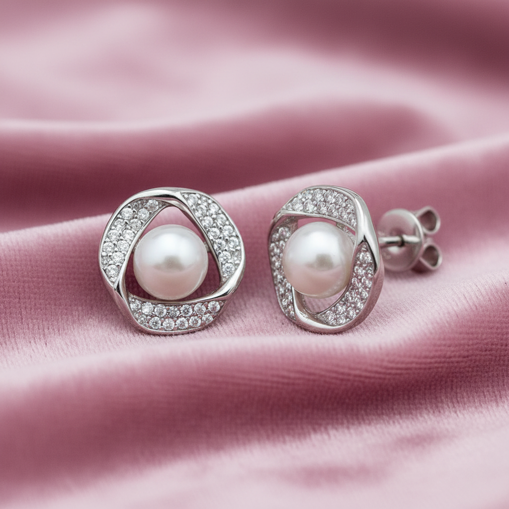 Sterling Silver Rhodium Plated Freshwater Pearl & Cubic Zirconia Stud Earrings