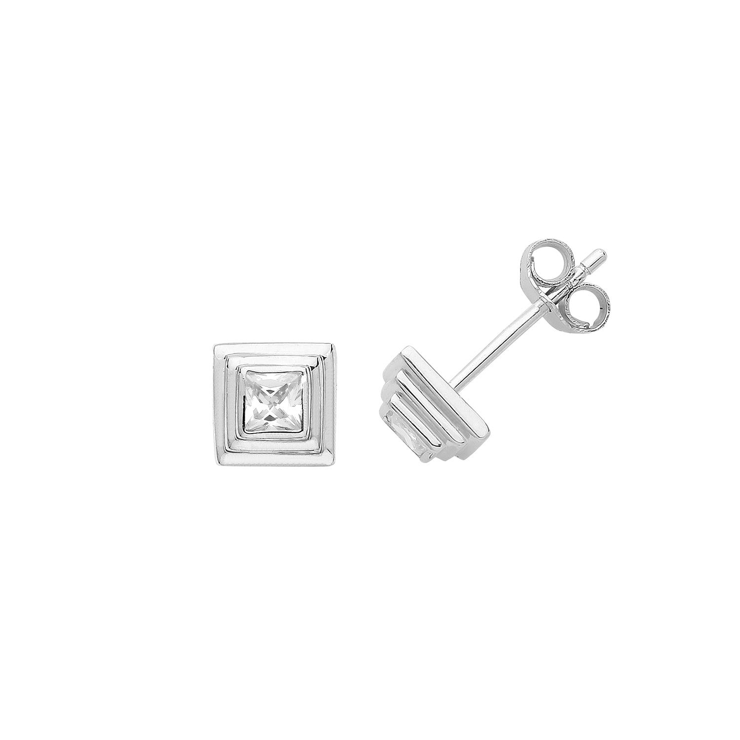 Sterling Silver Cubic Zirconia Square Stud Earrings – 3mm