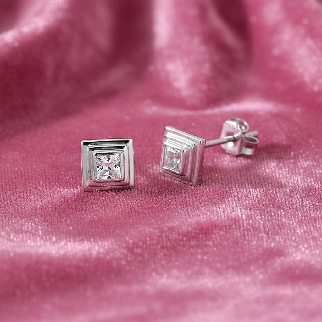 Sterling Silver Cubic Zirconia Square Stud Earrings – 3mm