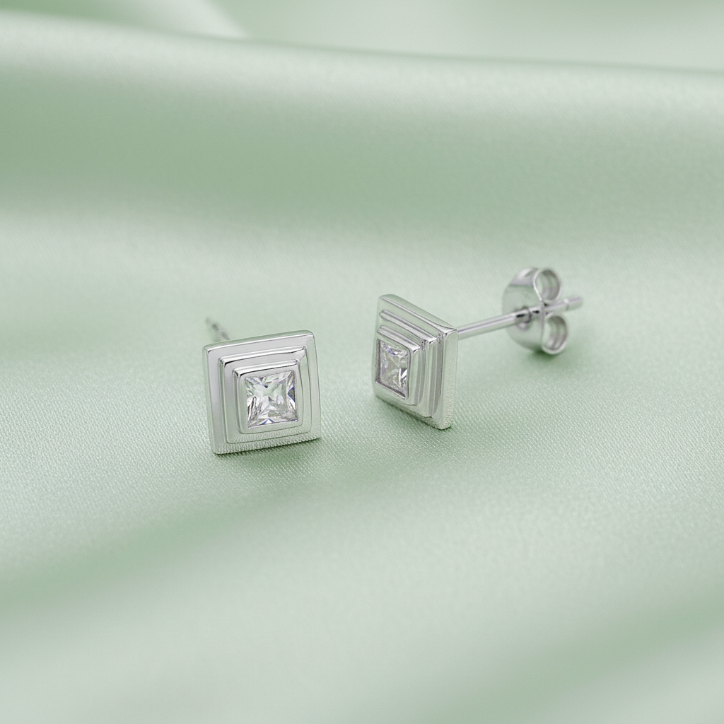 Sterling Silver Cubic Zirconia Square Stud Earrings – 3mm
