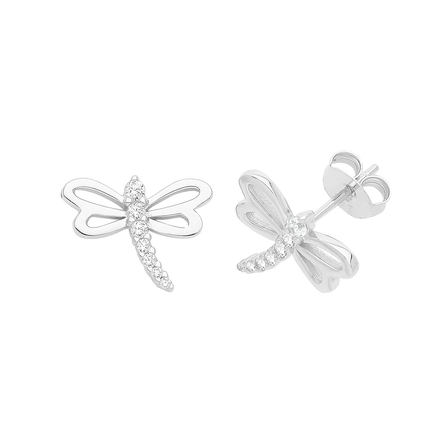 Sterling Silver Rhodium Plated Dragonfly Stud Earrings