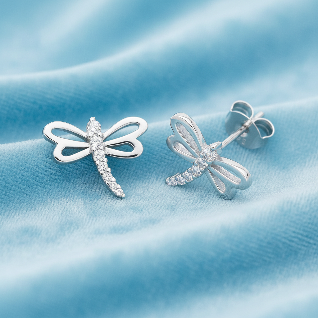 Sterling Silver Rhodium Plated Dragonfly Stud Earrings