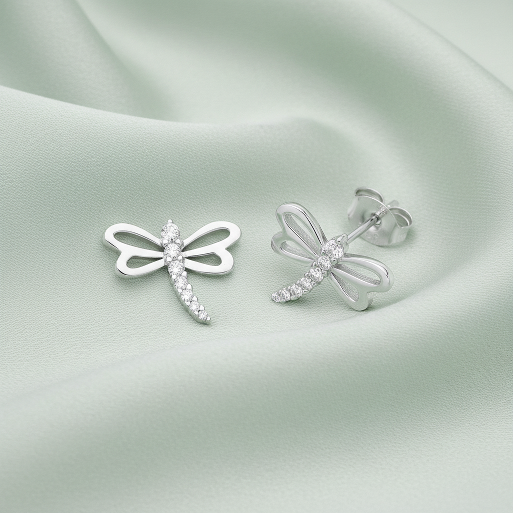 Sterling Silver Rhodium Plated Dragonfly Stud Earrings