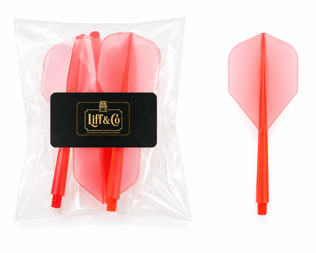 Red dart flights with a clear packaging bag featuring 'Liff & Co' branding.