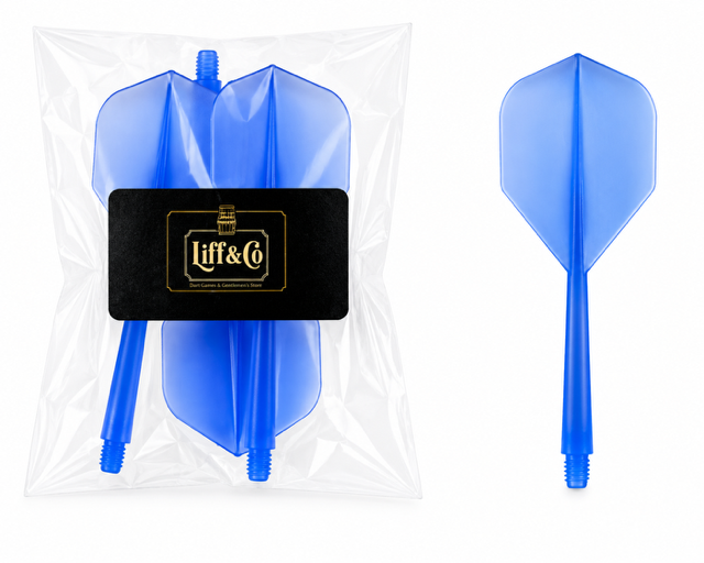 Blue dart flights in a clear packaging with Liff & Co branding.