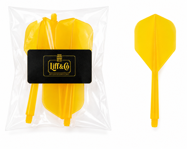 Yellow darts with a clear packaging bag featuring 'Liff & Co' branding on a white background.
