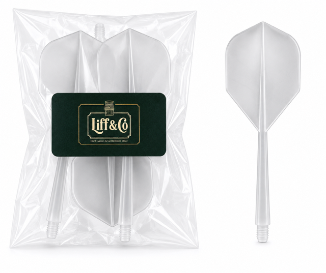 Clear packaging with white dart flights and a Liff & Co logo on a white background