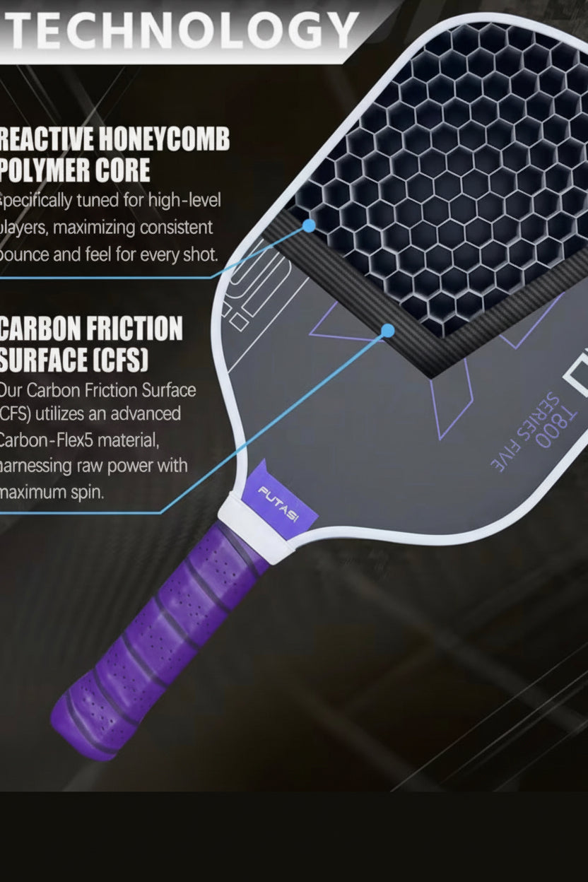 Pickleball paddle with honeycomb design and purple handle on a dark background