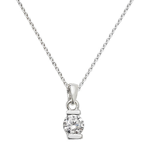 Silver necklace with a clear gemstone pendant on a white background