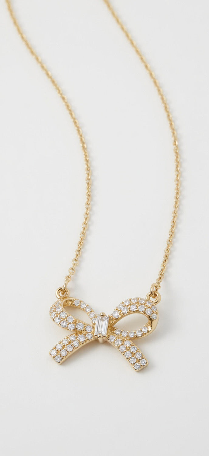 9ct Yellow Gold CZ Bow Necklace – Adjustable 16–18”