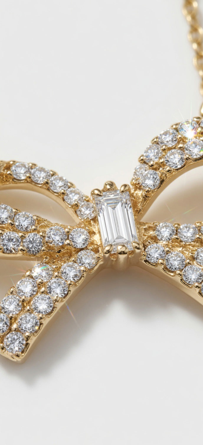 9ct Yellow Gold CZ Bow Necklace – Adjustable 16–18”