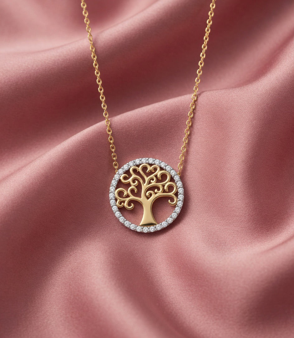 9ct Yellow Gold CZ Tree of Life Necklace – Adjustable 16–18”