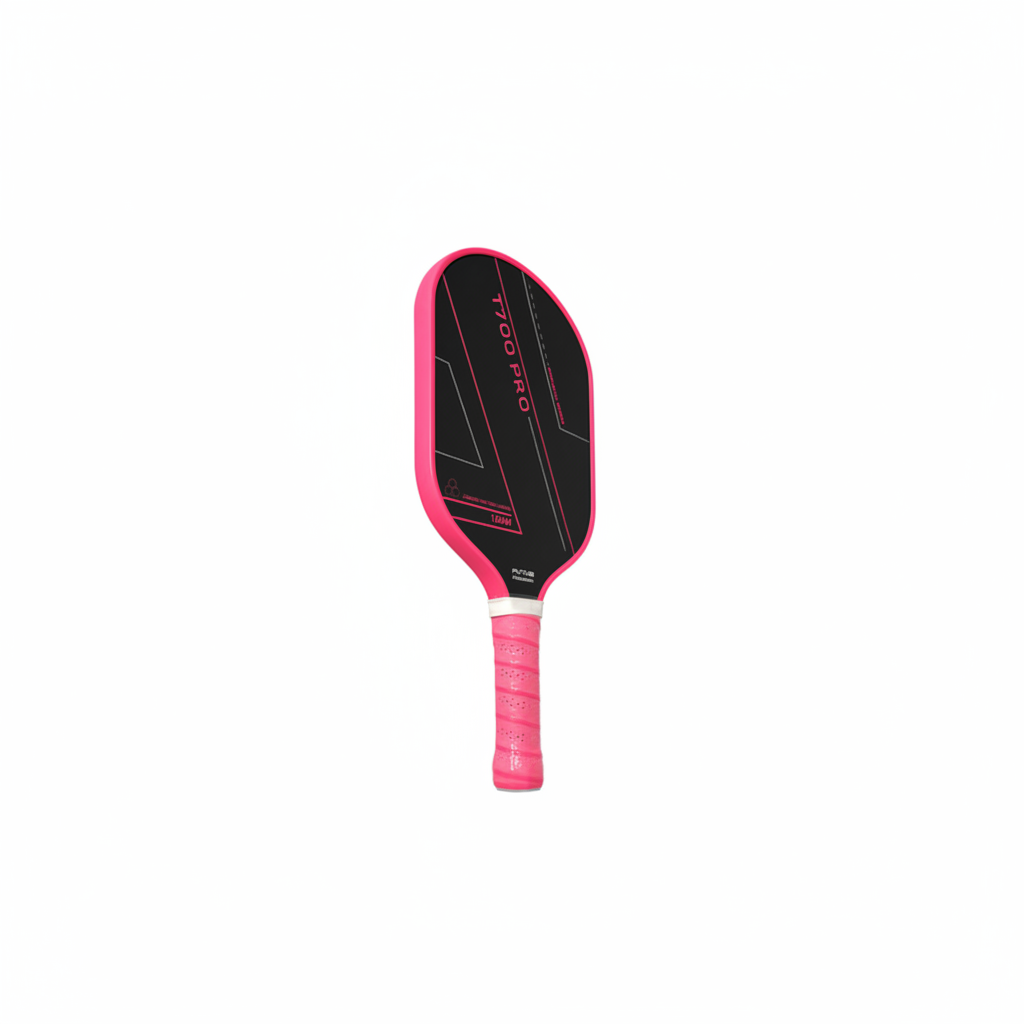 Pink and black pickleball paddle on a white background