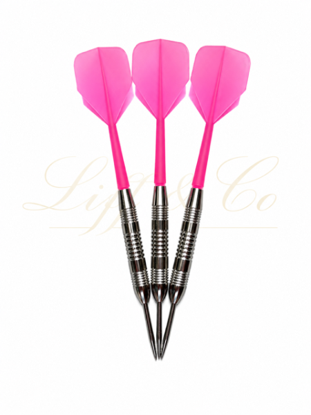 Three pink darts with silver shafts on a white background