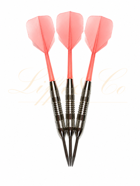 Three darts with pink flight and silver shafts on a white background