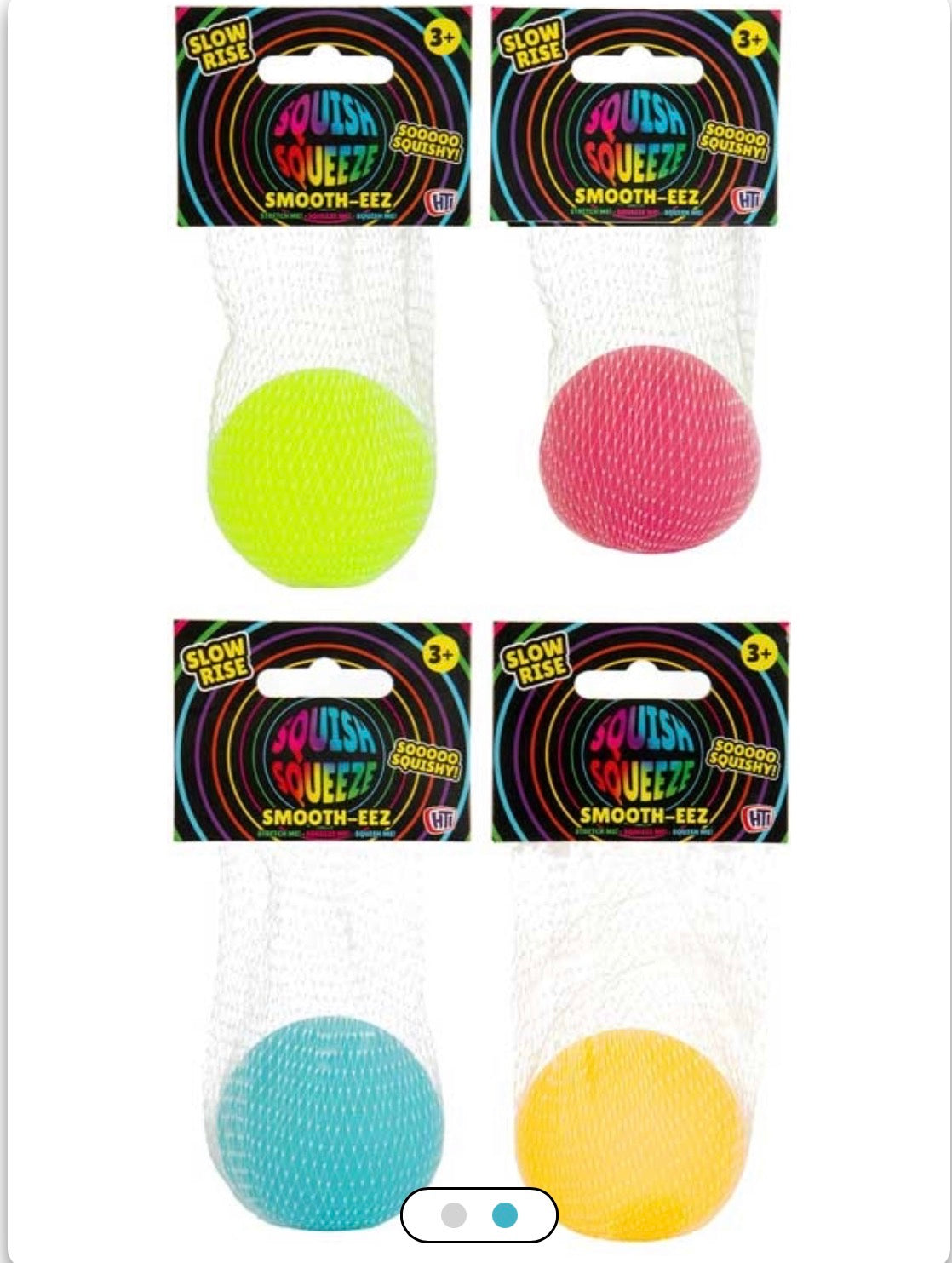 Four packages of Squish & Squeeze balls in different colors on a white background