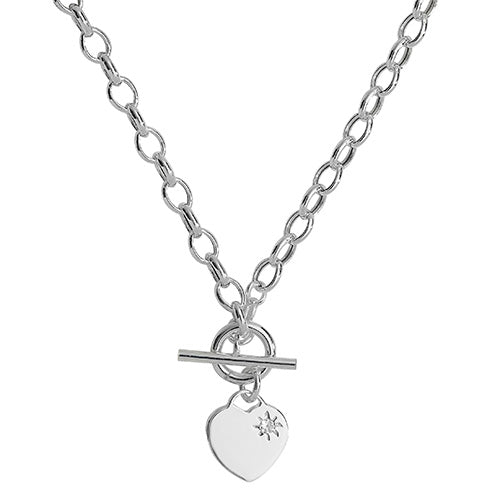 Silver necklace with a heart-shaped pendant and toggle clasp on a white background