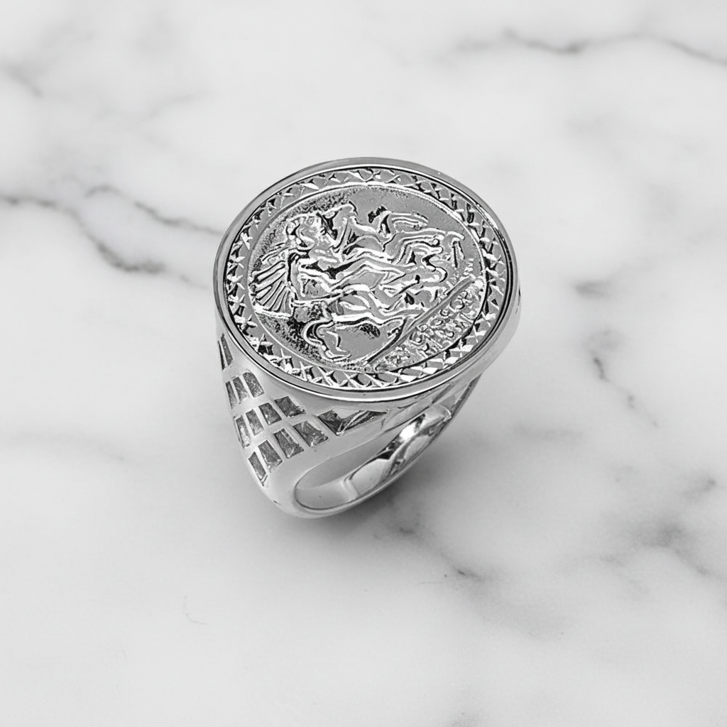 Sterling Silver Men's St George Coin Basket Ring