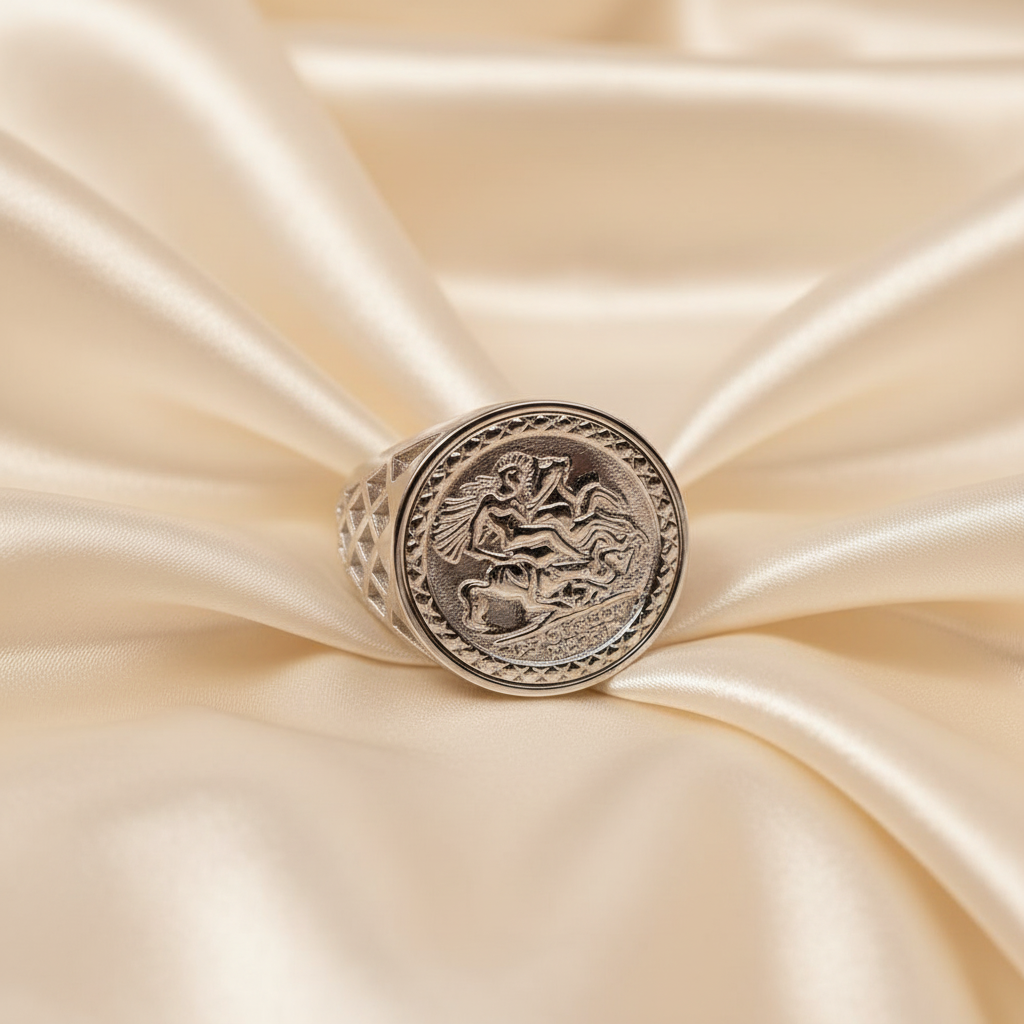 Sterling Silver Men's St George Coin Basket Ring