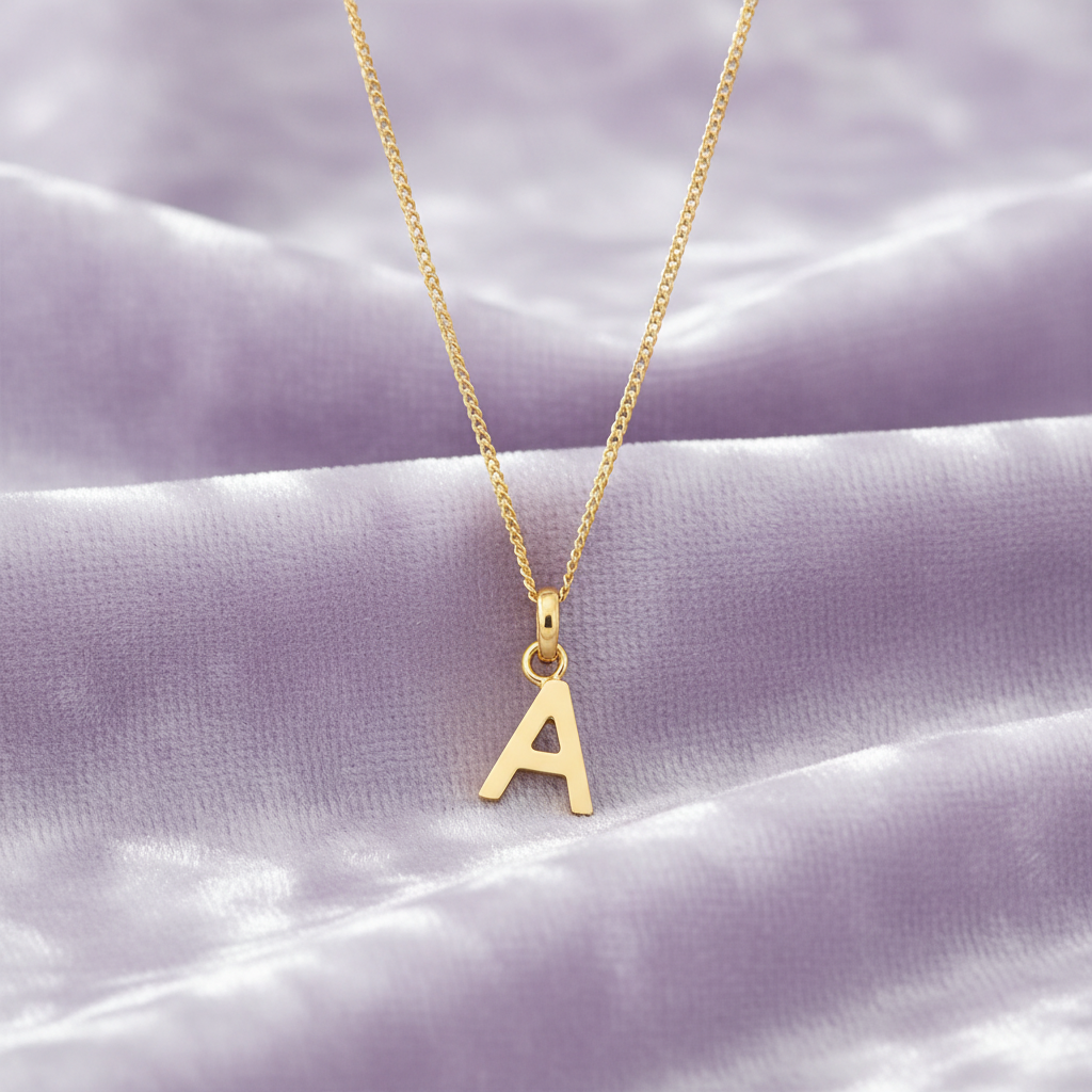 Gold necklace with a 'A' pendant on a white background
9ct Yellow Gold Small Plain Initial Pendant Necklace (18")