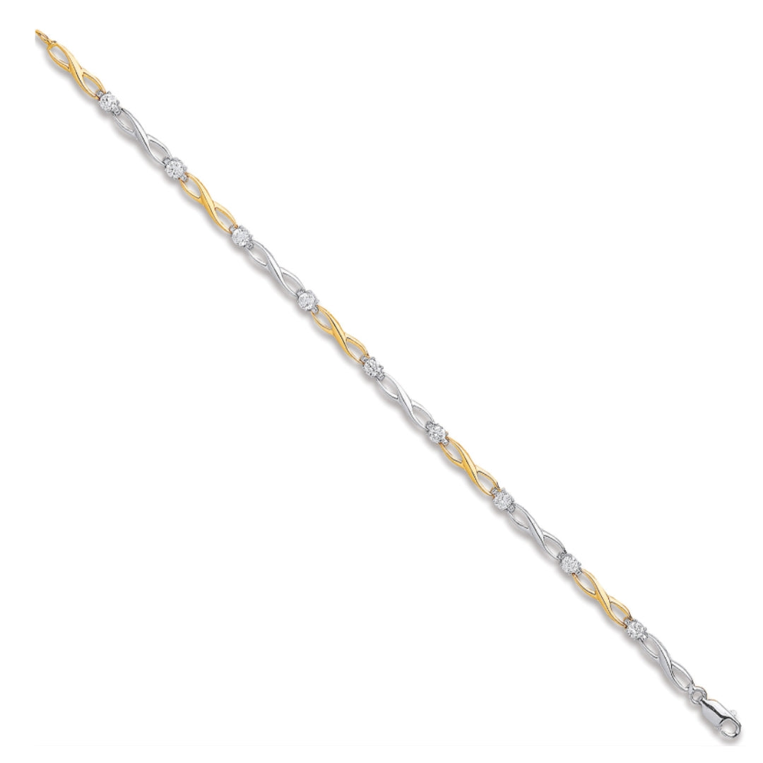 9ct White & Yellow Gold Figure of 8 CZ Ladies Bracelet