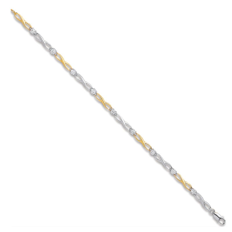 9ct White & Yellow Gold Figure of 8 CZ Ladies Bracelet