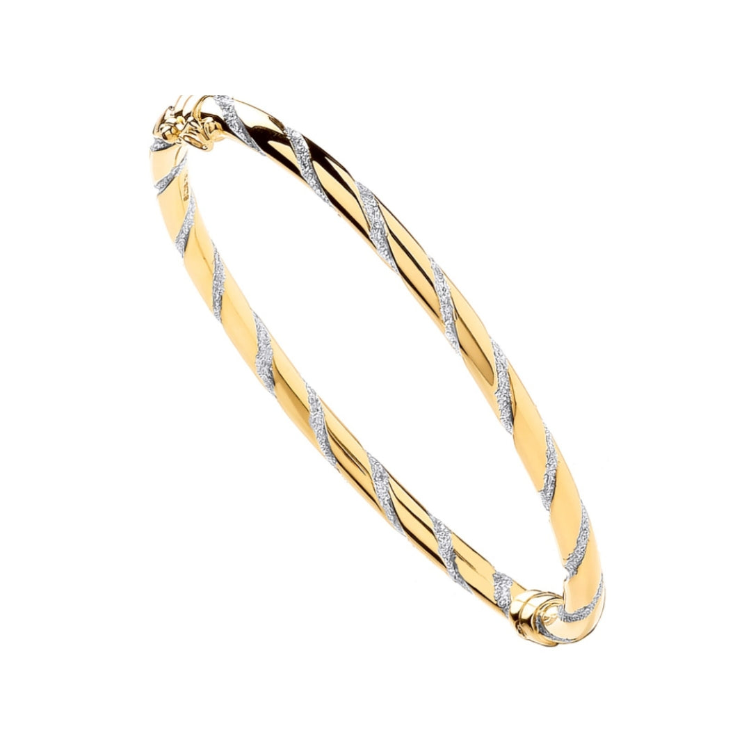 9ct Yellow & White Gold Glitter Stripe Twist Bangle 4mm
