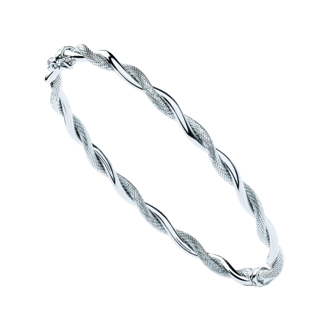 9ct White Gold Plain & Diamond Cut Twist Bangle