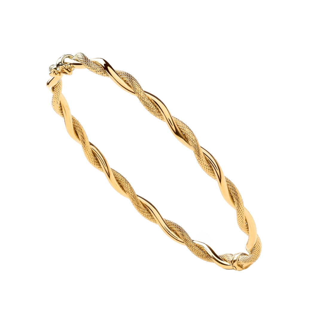 9ct Yellow Gold Plain & Diamond Cut Twist Bangle