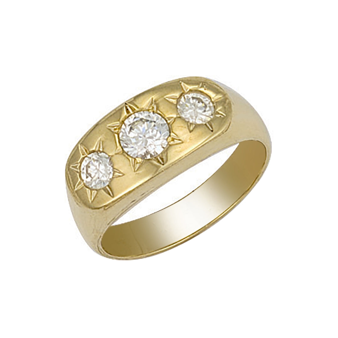 9ct Yellow Gold Gents 3 Stone CZ Ring