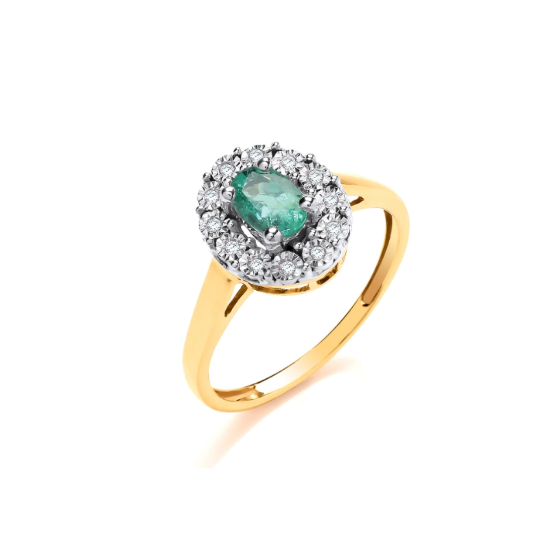 9ct Yellow Gold Emerald Cluster & Diamond Ring 0.45ct