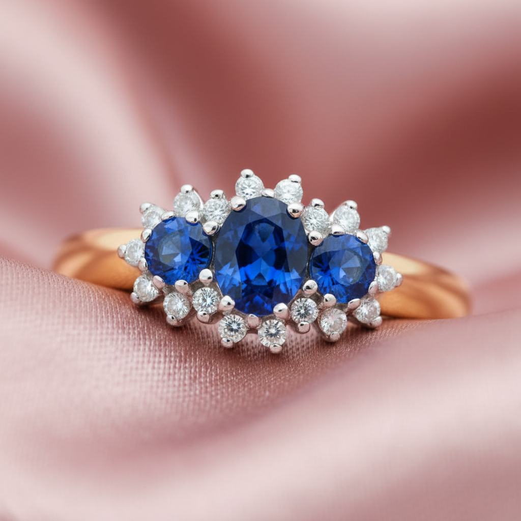9ct Yellow Gold Sapphire Cluster & Diamond Ring 1.08ct
