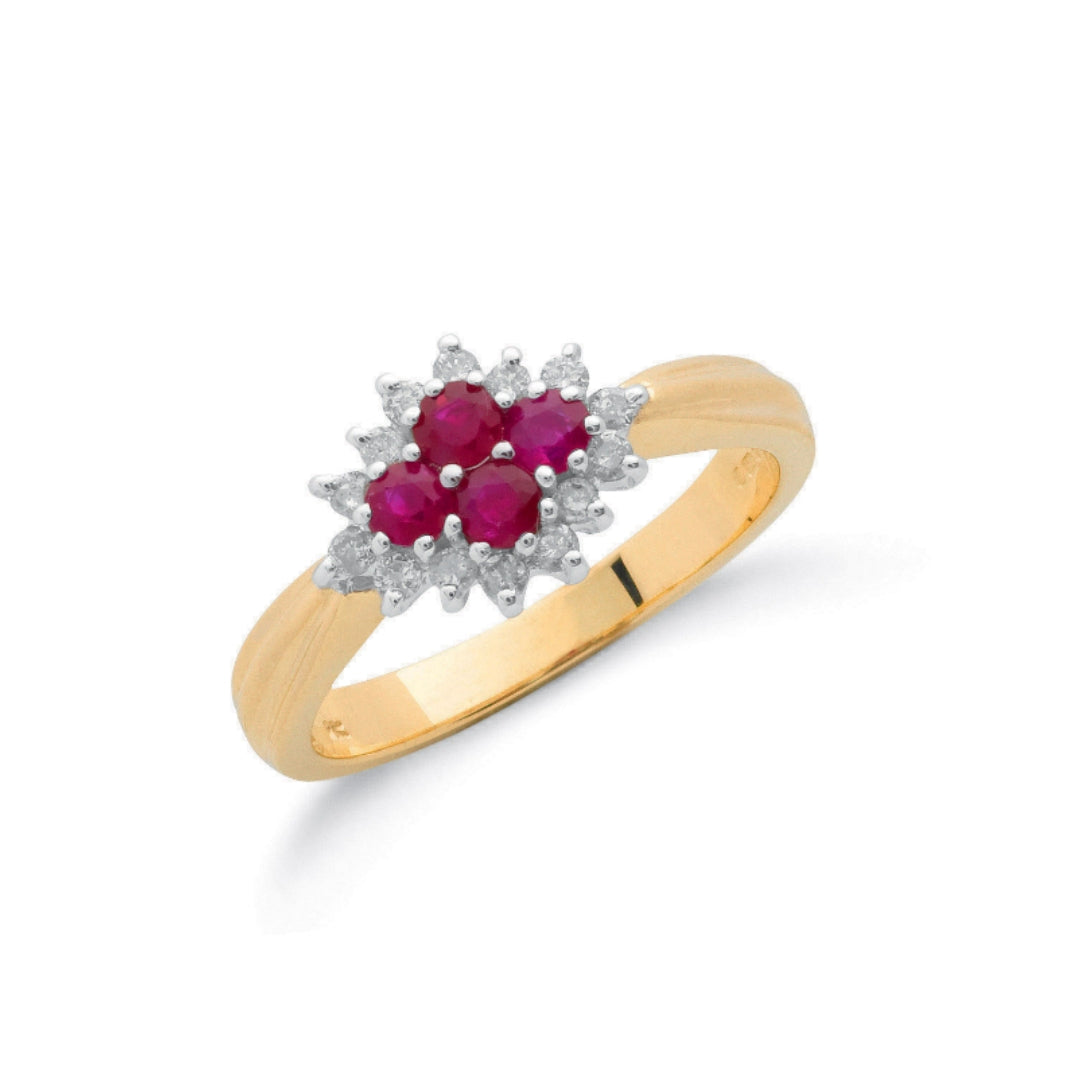 9ct Yellow Gold Ruby Cluster & Diamond Ring 0.66ct
