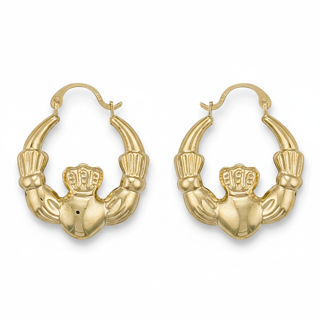 Gold claddagh hoop earring on a white background