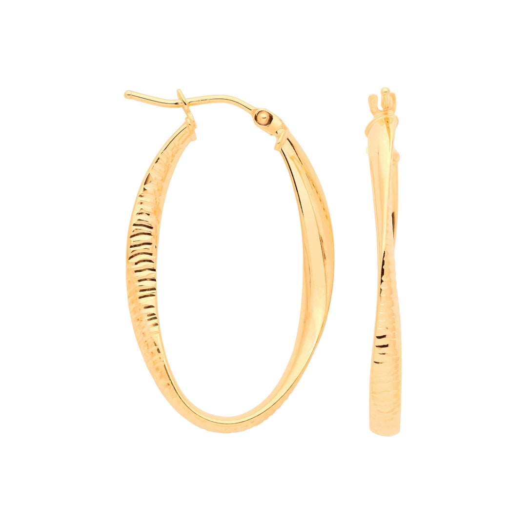 9ct Yellow Gold Oval Twist Ribbed & Plain Hoop Earrings