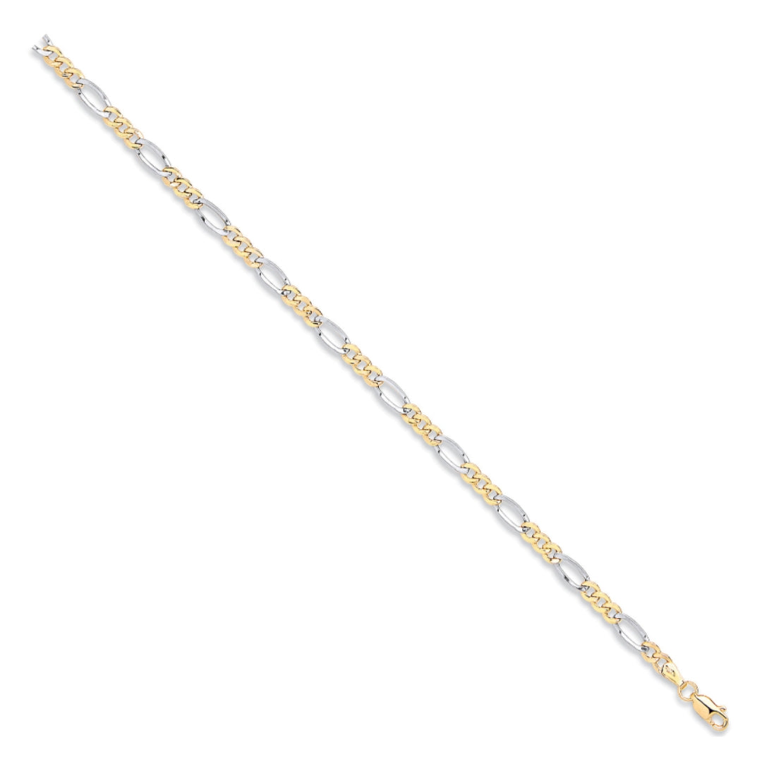 9ct Yellow & White Gold Rhodium Plated 4mm Figaro Chain Bracelet