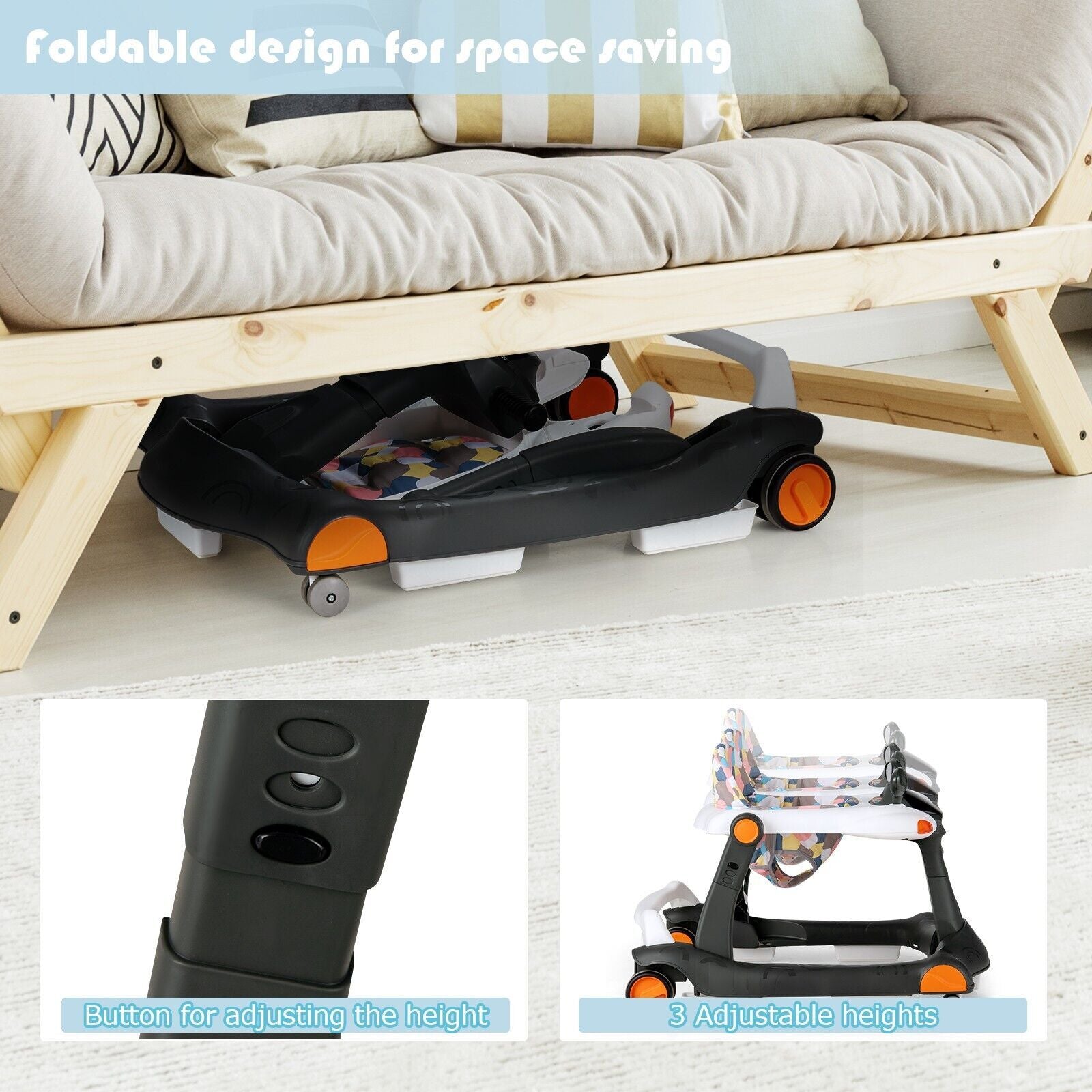 2-In-1 Foldable Baby Walker with Adjustable Height and Speed