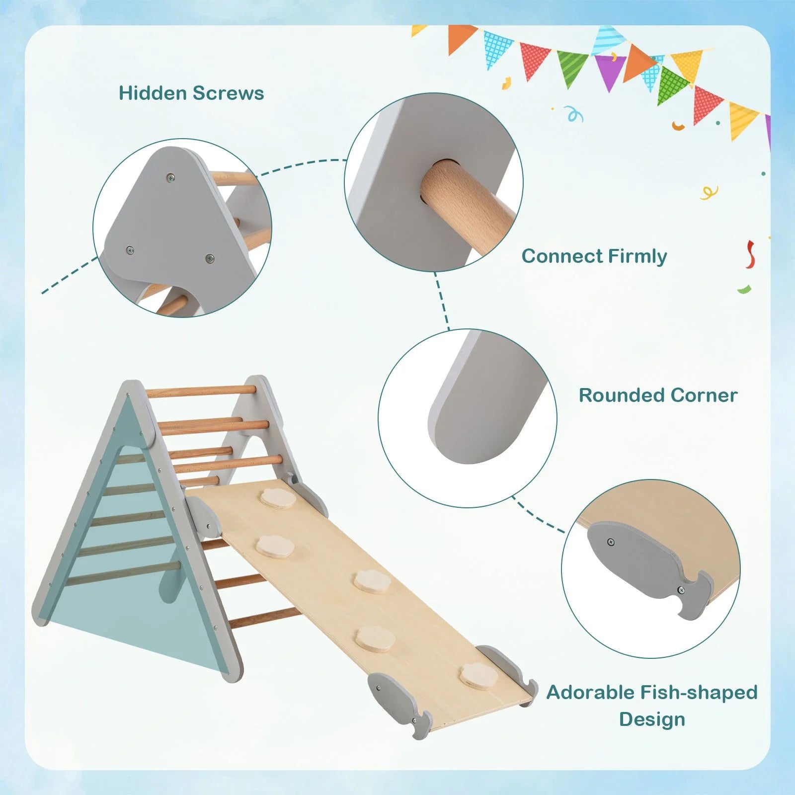Wooden Triangle Climbing Ladder Set with 2-In-1 Reversible Ramp