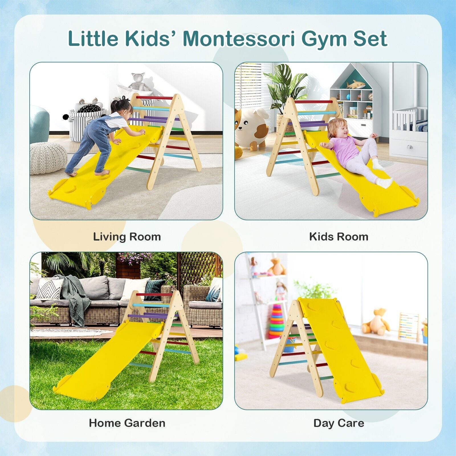 Wooden Triangle Climbing Ladder Set with 2-In-1 Reversible Ramp