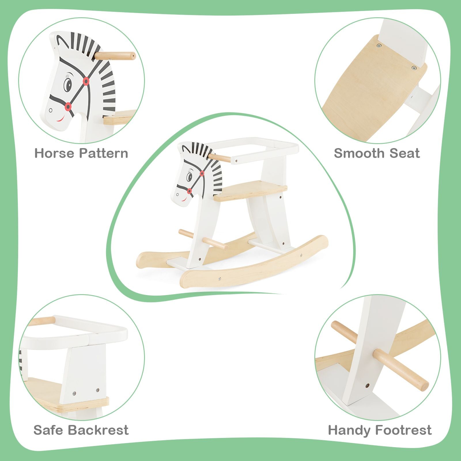 Wooden Rocking Horse with Detachable Fences and Backrest