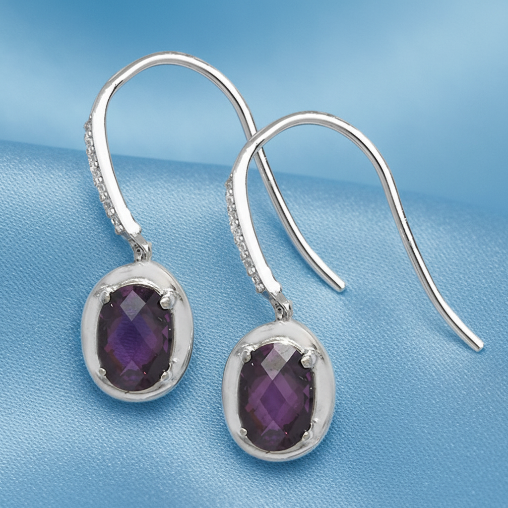 Sterling Silver Amethyst Fish Hook Drop Earrings