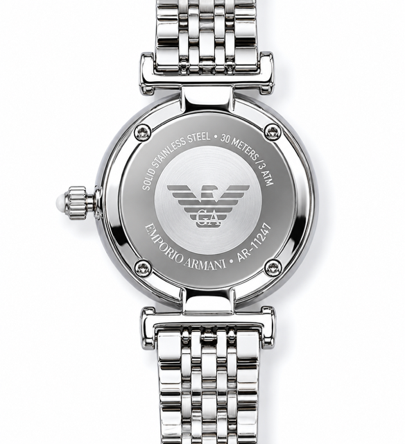 Silver Emporio Armani watch on a white background