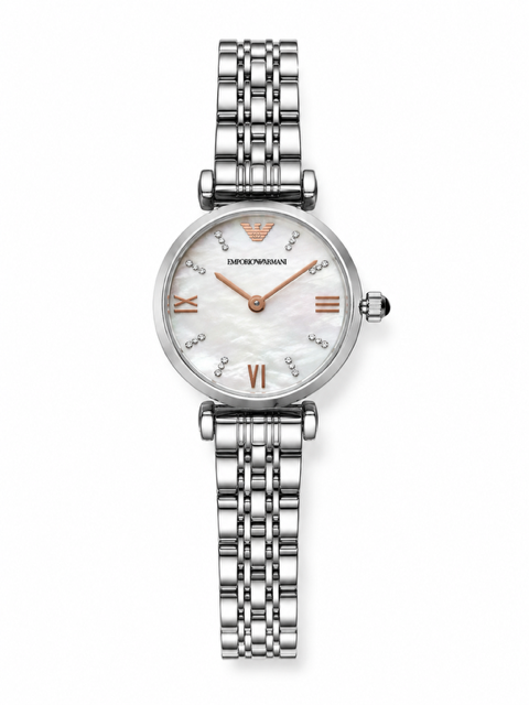 Silver Emporio Armani watch with a white face on a white background