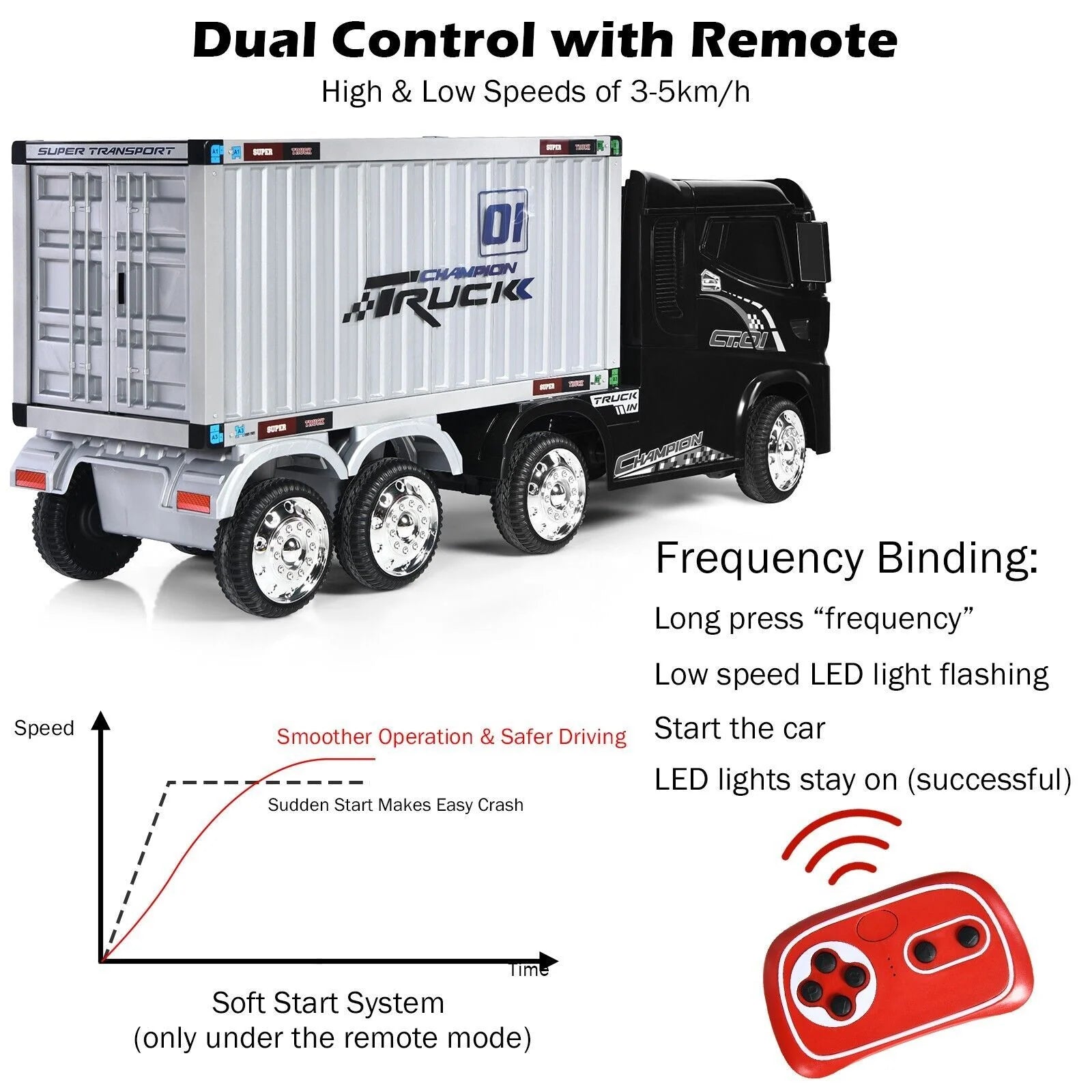 12V Ride-On Semi-Truck with Container for Kids of 3-8 Year Old
