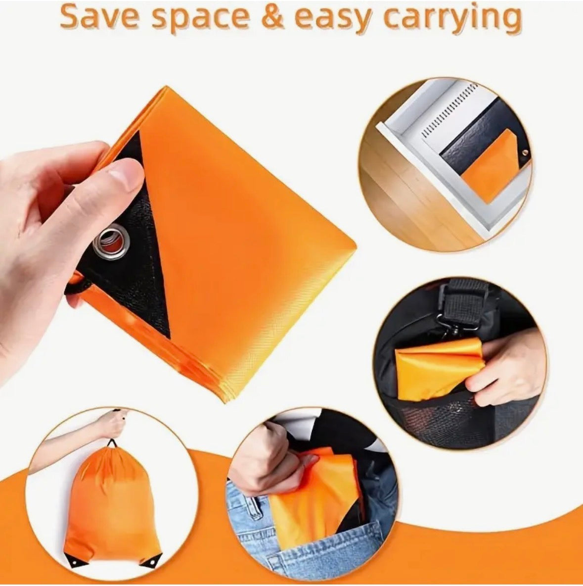 Orange folding mat being shown with text 'Save space & easy carrying' on a white background.