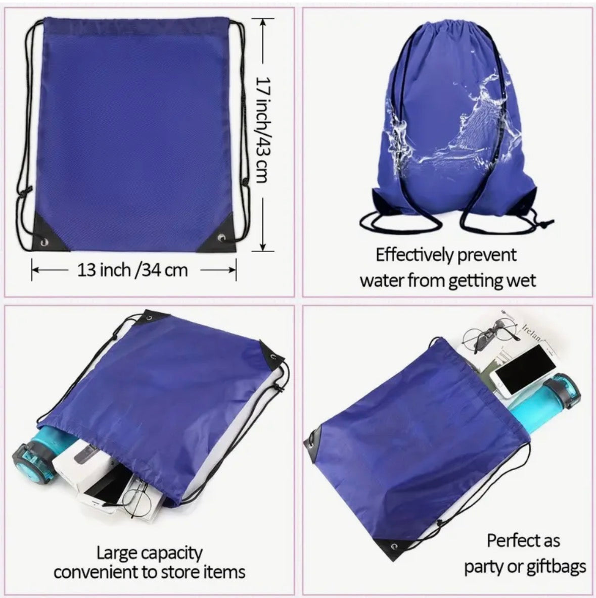 Blue drawstring bag with measurements and features on a white background