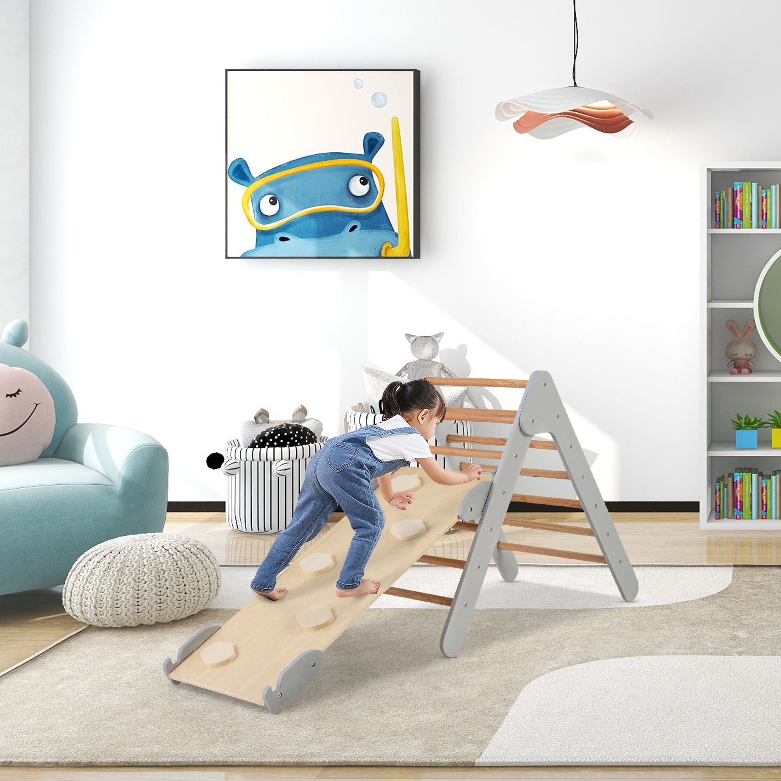 Wooden Triangle Climbing Ladder Set with 2-In-1 Reversible Ramp